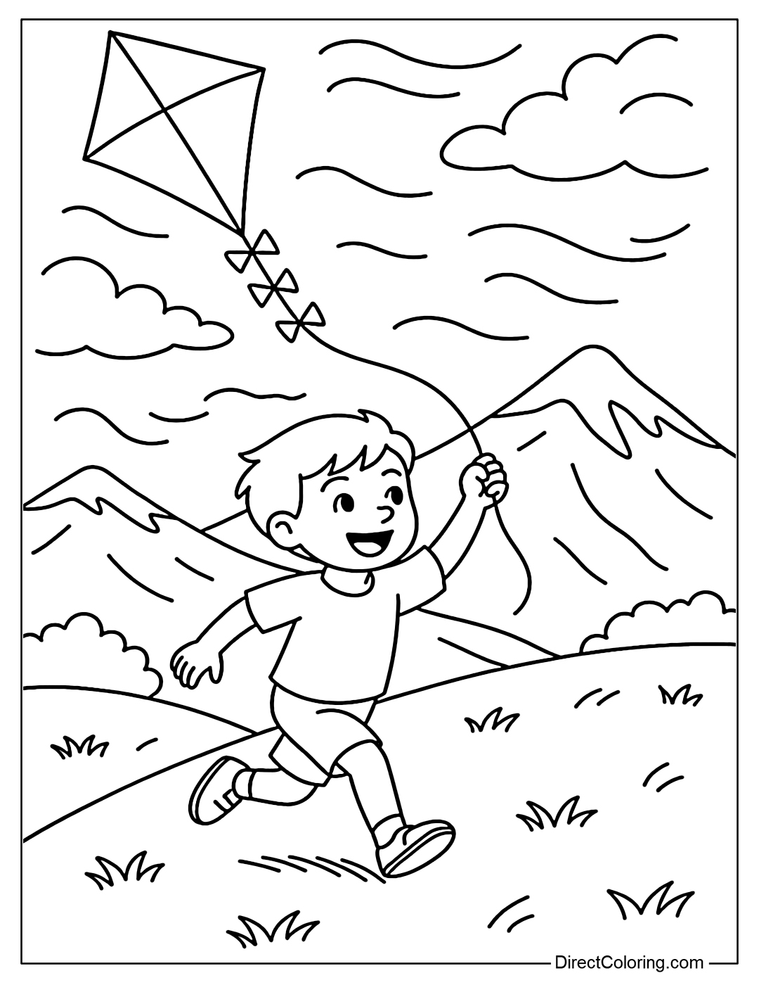 A coloring page of a child standing on a high hill, flying a kite in the strong wind, with distant mountains behind.